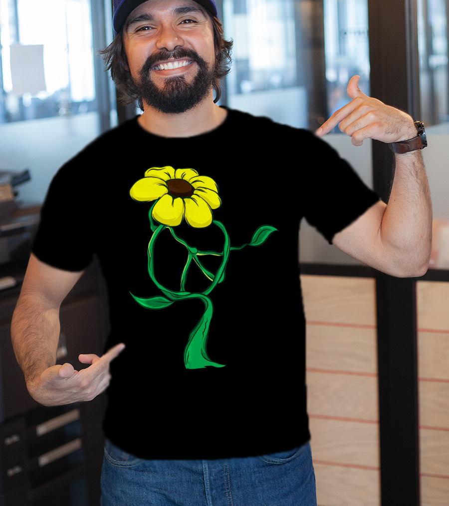 Hippie Yellow Flower Peace Sign Stem Green Leaves T-Shirt