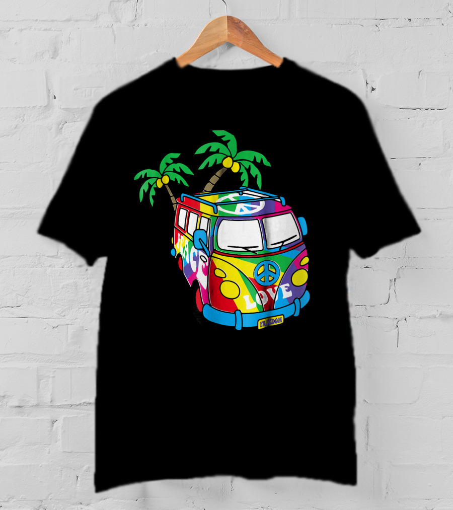 Peace Love Symbol Groovy Retro 60s Hippie Van Palm Trees Psychedelic T-Shirt