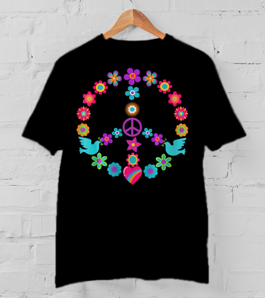 Peace Sign Floral Dove Heart 60s 70s Flower Power T-Shirt