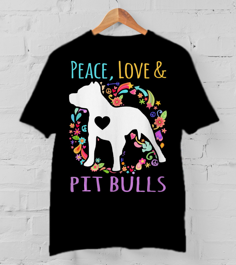 Peace Love And Pit Bulls Colorful Floral Heart Dog T-Shirt