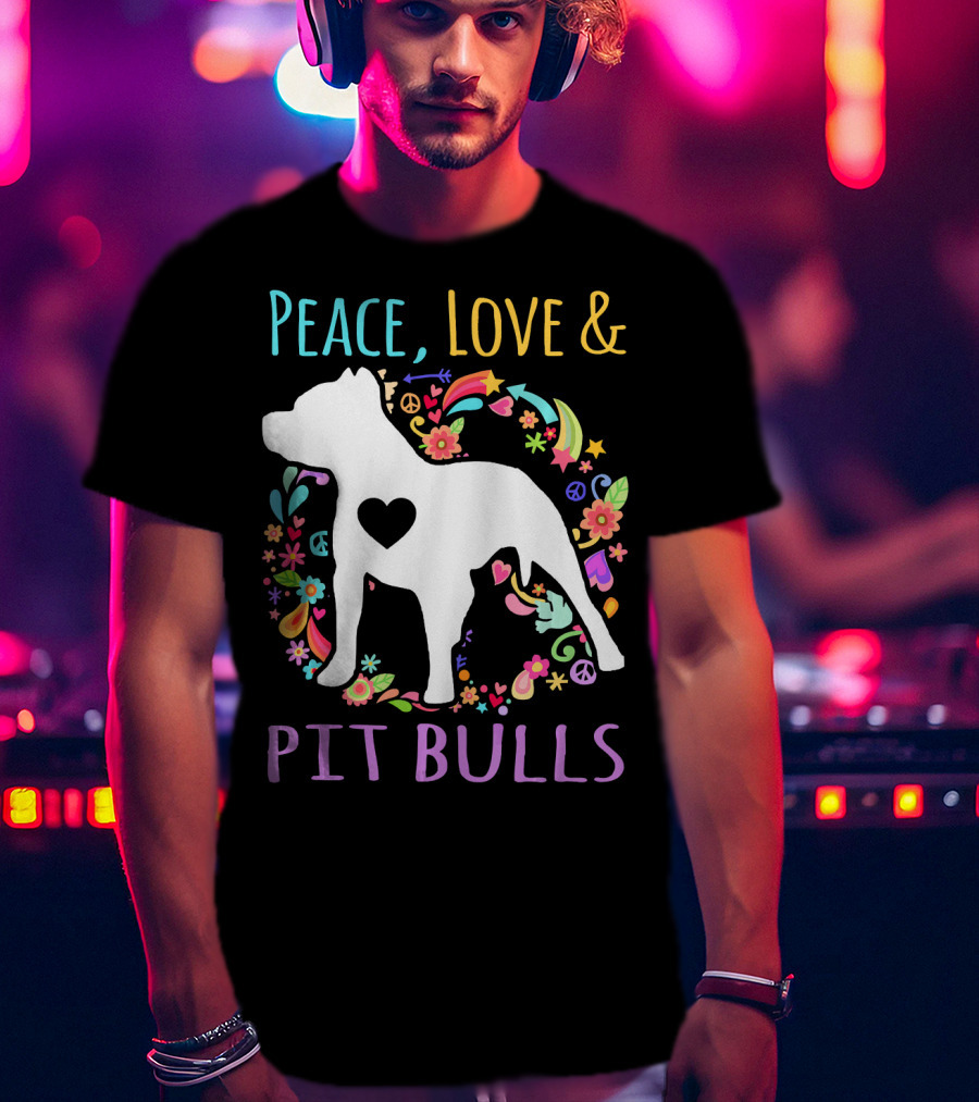 Peace Love And Pit Bulls Colorful Floral Heart Dog T-Shirt