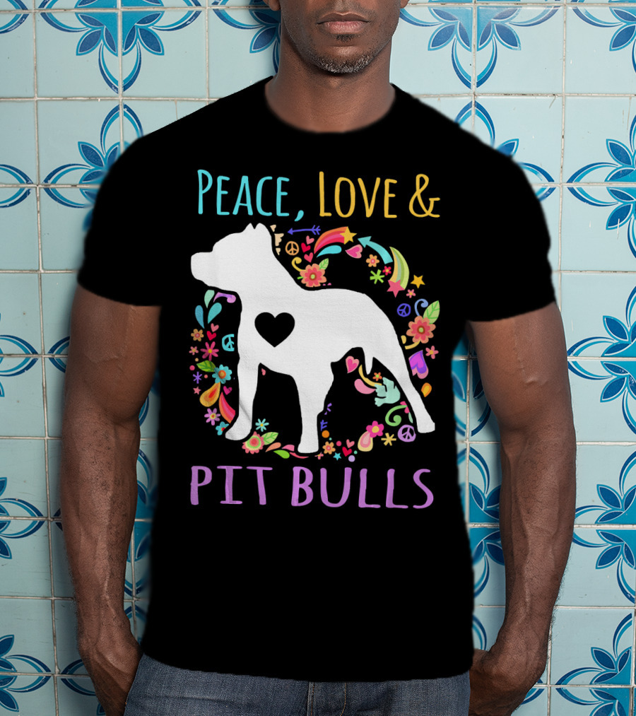 Peace Love And Pit Bulls Colorful Floral Heart Dog T-Shirt