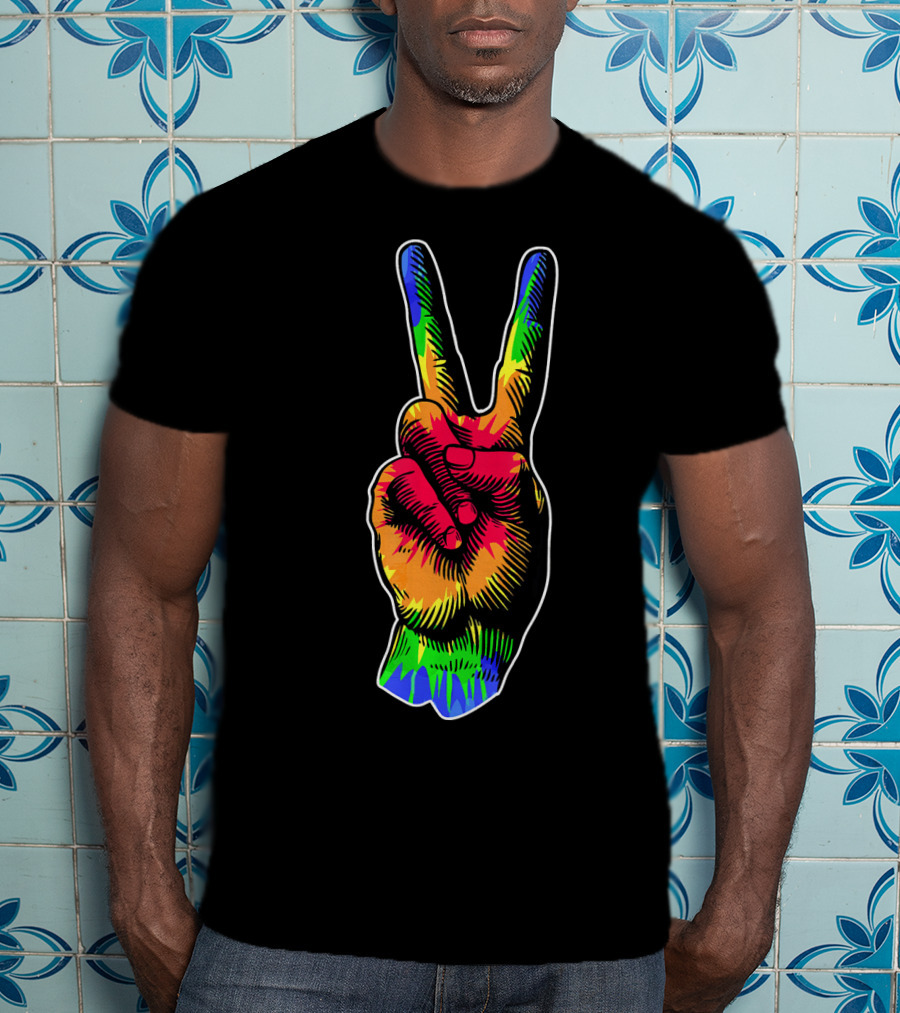 Tye Dye Peace Sign Rainbow Hand Gesture T-Shirt