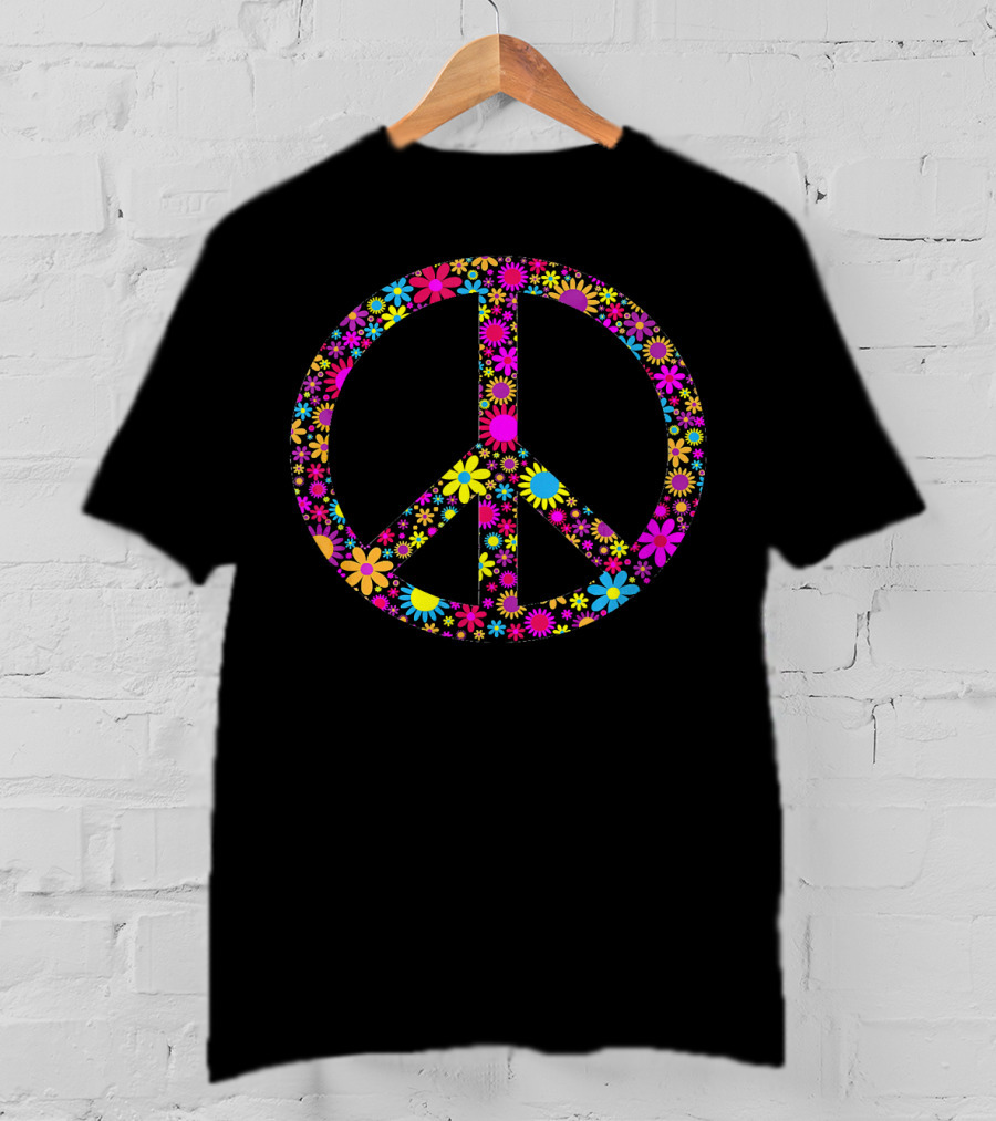 Vintage Floral Peace Sign Colorful Hippie Flowers T-Shirt