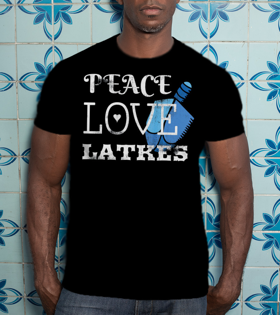 Peace Love Latkes Blue Dreidel T-Shirt