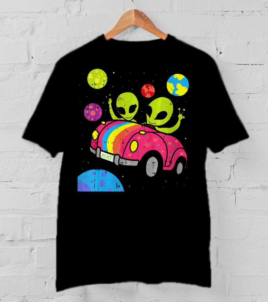 Hippie Alien Space Roadtrip With Peaceful Car And Colorful Planets T-Shirt