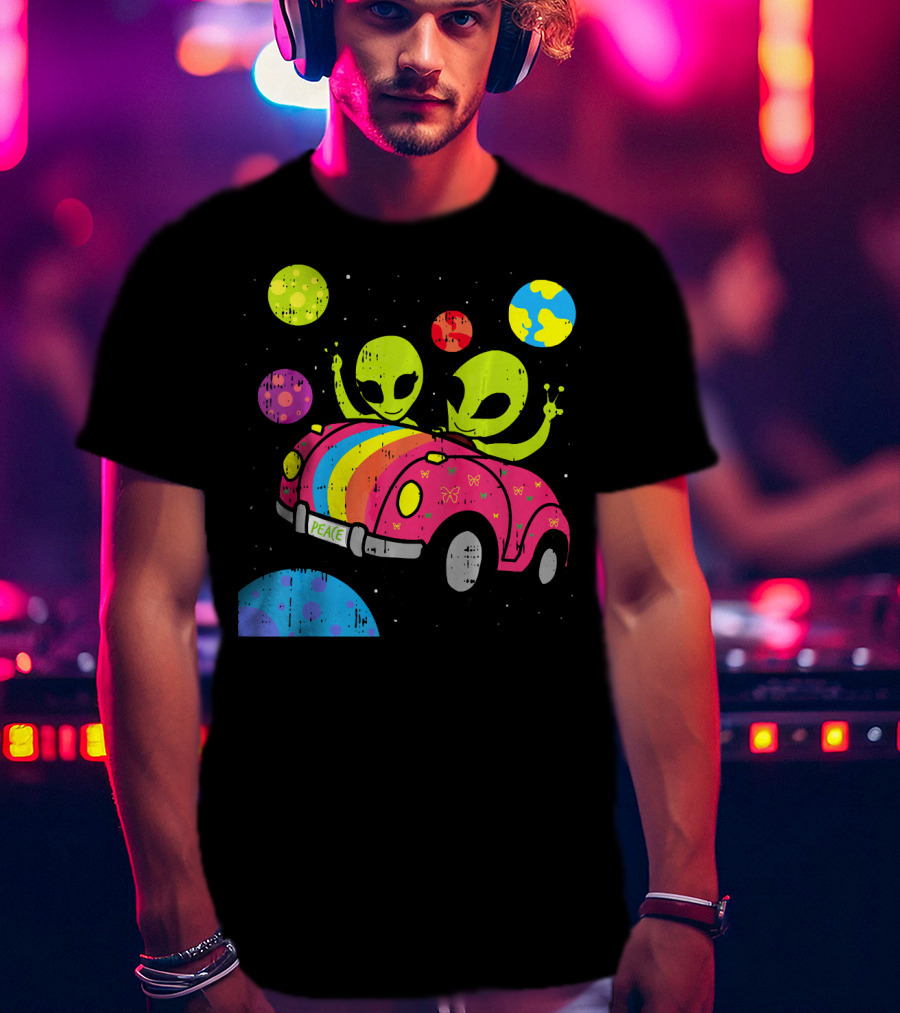 Hippie Alien Space Roadtrip With Peaceful Car And Colorful Planets T-Shirt