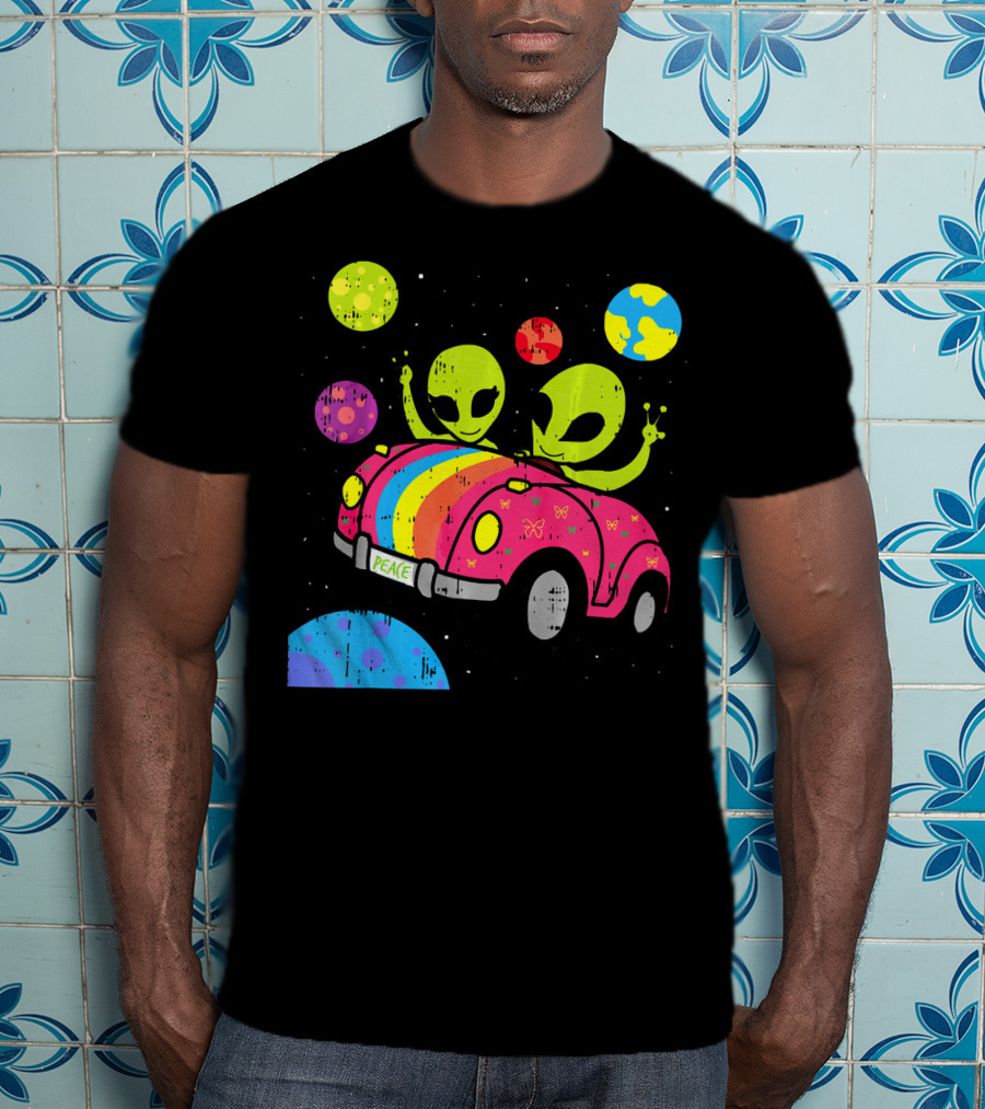 Hippie Alien Space Roadtrip With Peaceful Car And Colorful Planets T-Shirt
