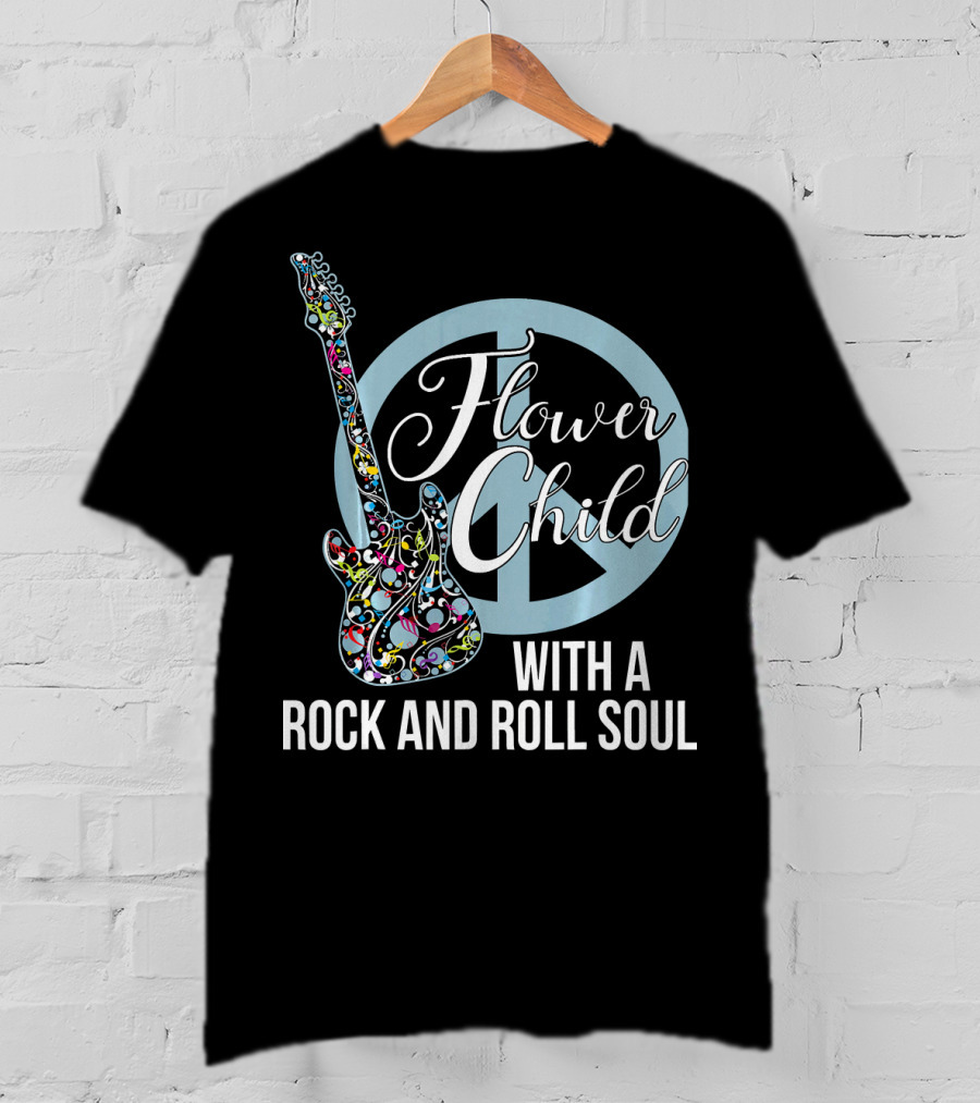Flower Child With A Rock And Roll Soul Peace Sign Guitar T-Shirt