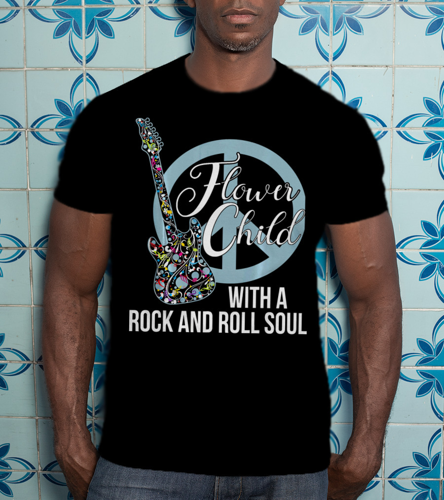 Flower Child With A Rock And Roll Soul Peace Sign Guitar T-Shirt