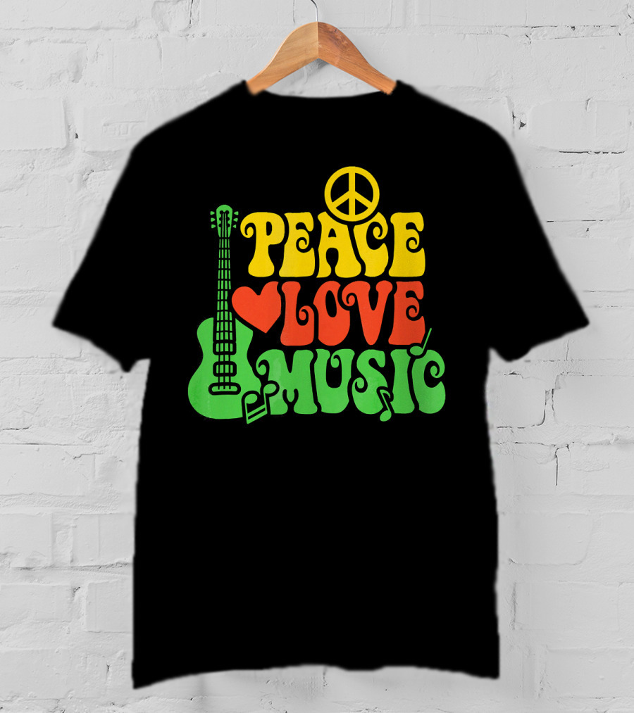 PEACE LOVE MUSIC Reggae Guitar Peace Symbol Heart Notes T-Shirt