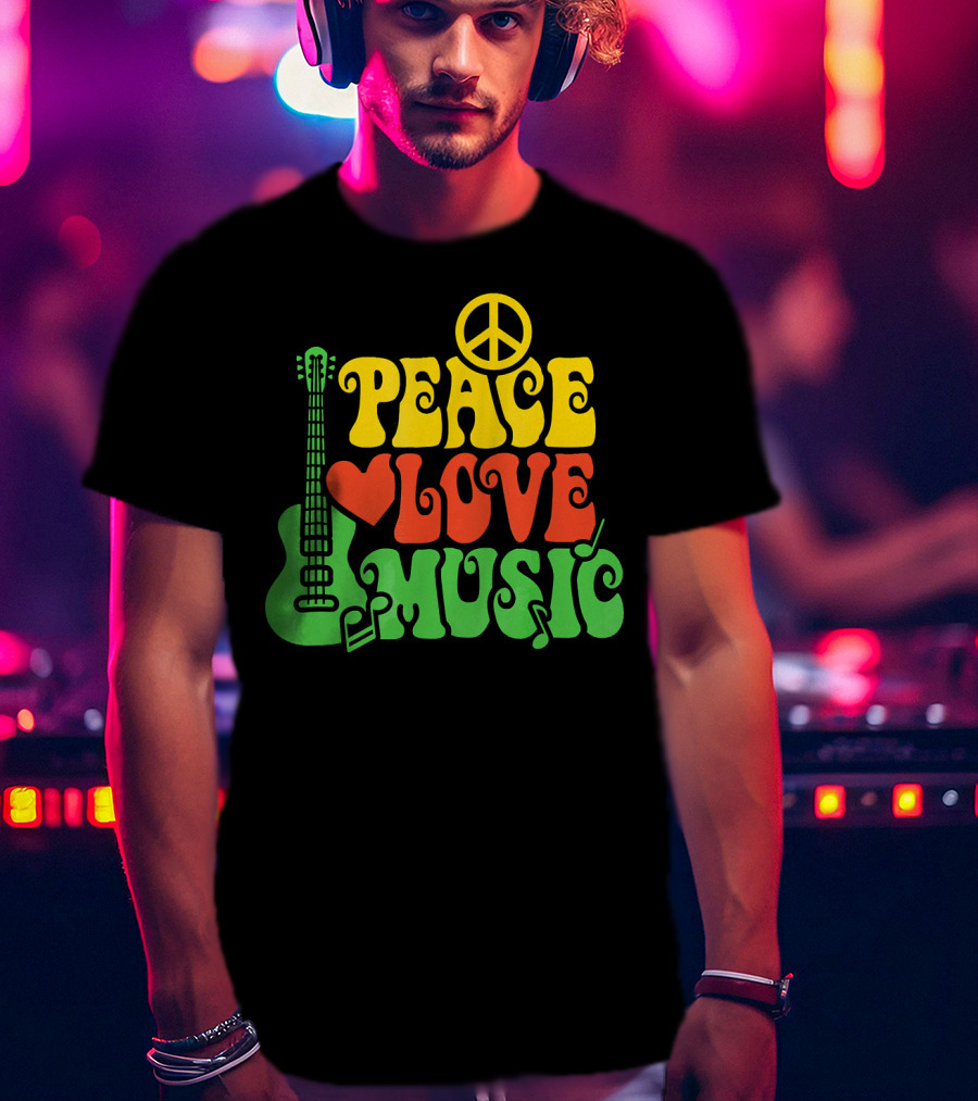 PEACE LOVE MUSIC Reggae Guitar Peace Symbol Heart Notes T-Shirt