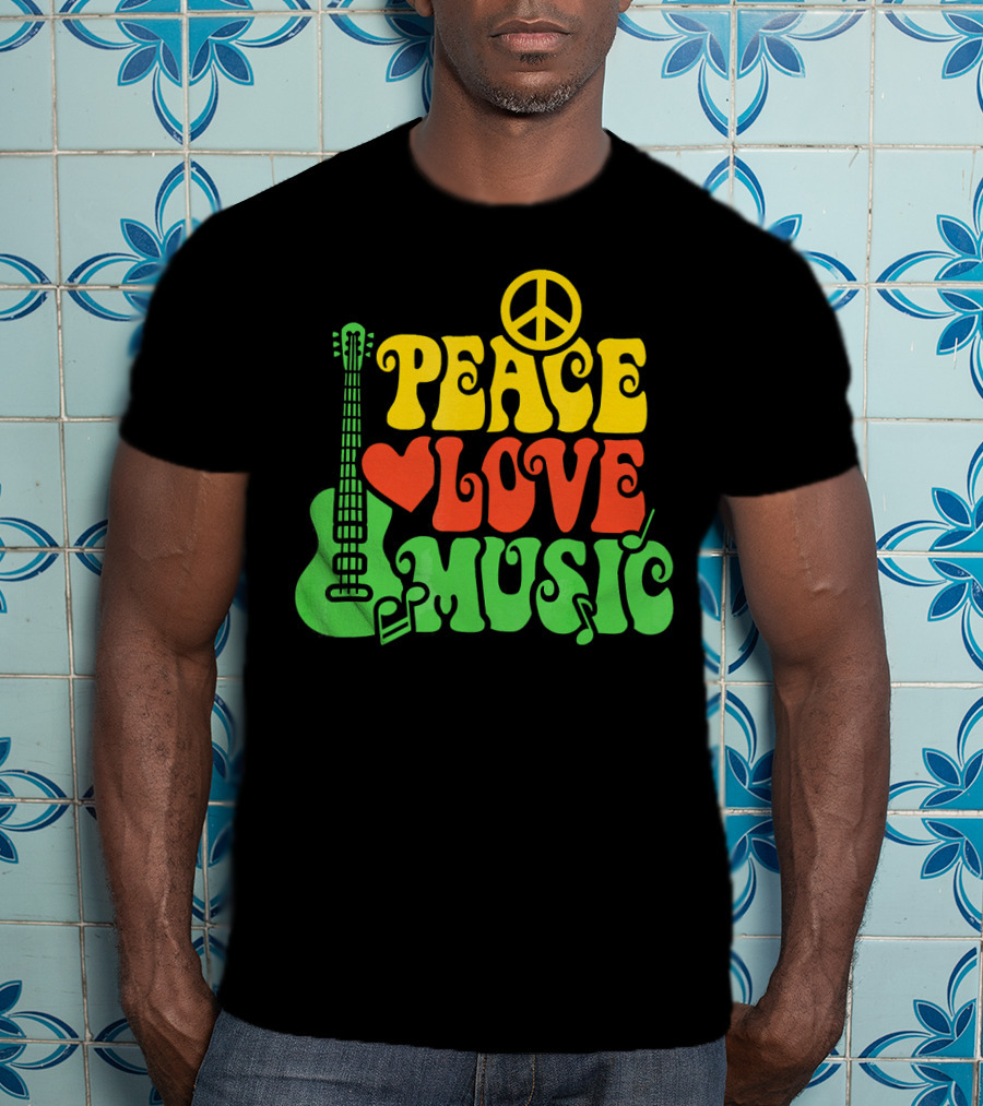 PEACE LOVE MUSIC Reggae Guitar Peace Symbol Heart Notes T-Shirt