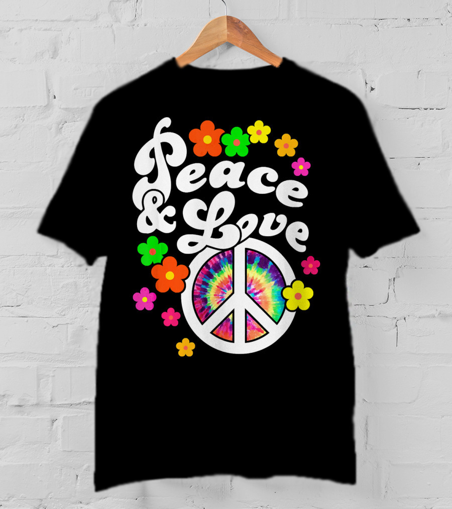 Peace And Love Hippie Sign With Colorful Flower T-Shirt
