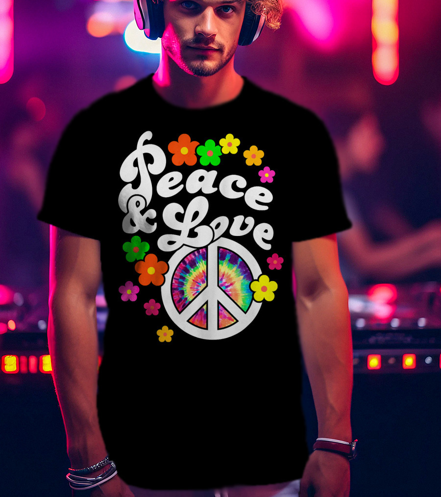 Peace And Love Hippie Sign With Colorful Flower T-Shirt
