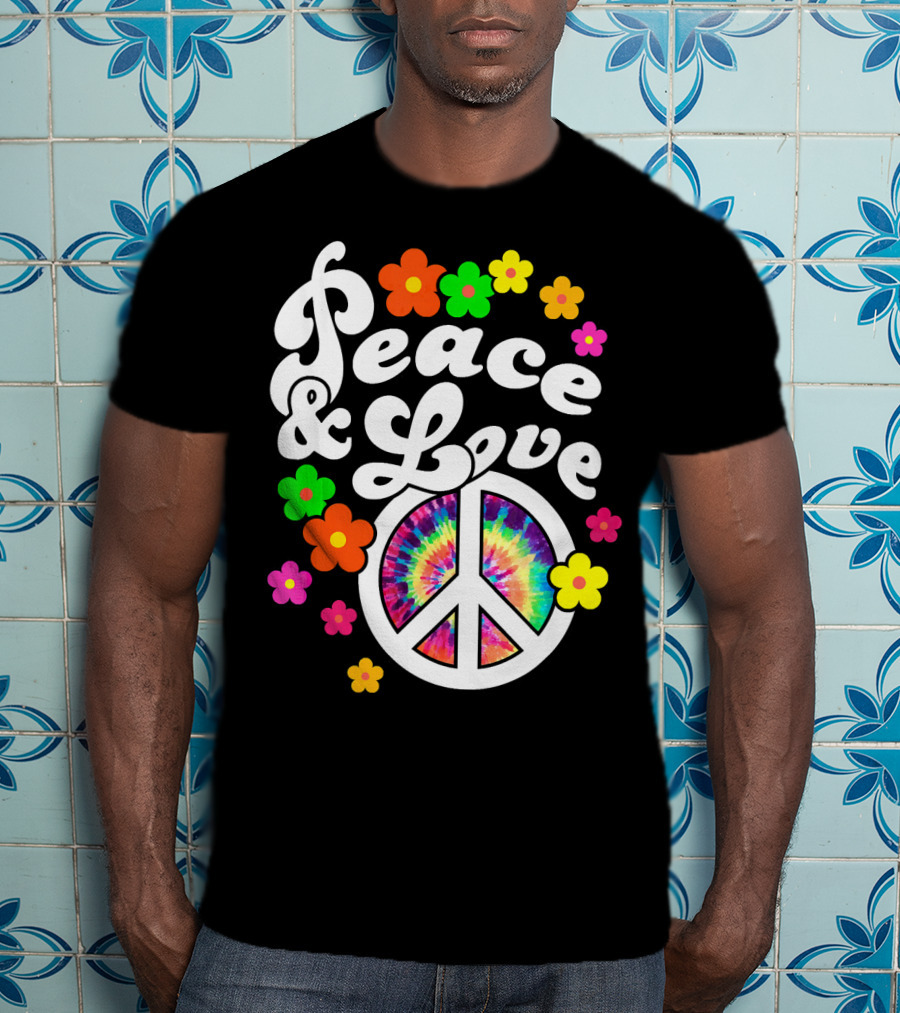 Peace And Love Hippie Sign With Colorful Flower T-Shirt