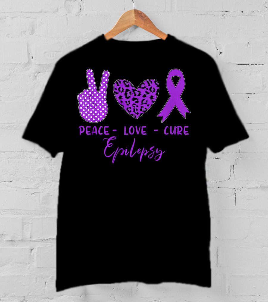 Peace Love Cure Epilepsy Purple Ribbon Polka Dot Leopard Print T-Shirt