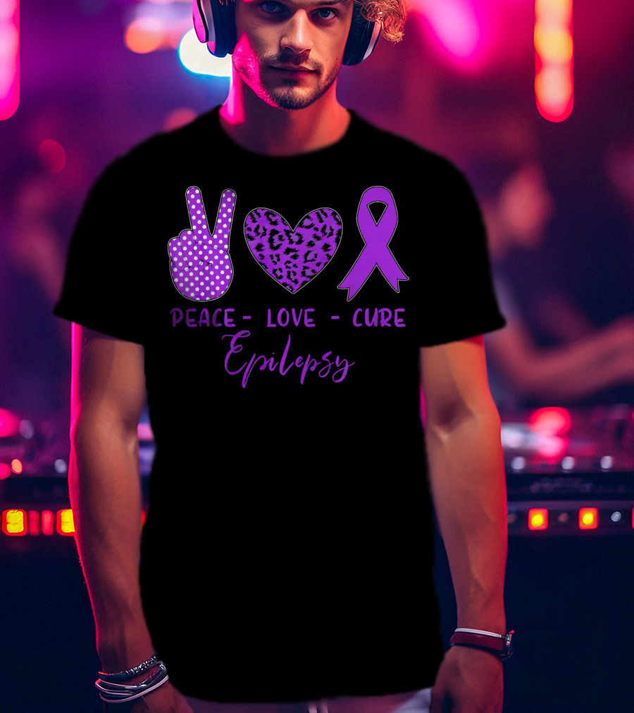 Peace Love Cure Epilepsy Purple Ribbon Polka Dot Leopard Print T-Shirt