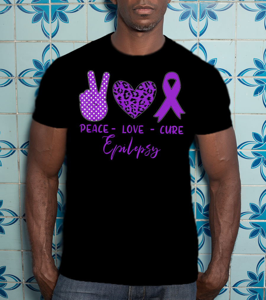 Peace Love Cure Epilepsy Purple Ribbon Polka Dot Leopard Print T-Shirt