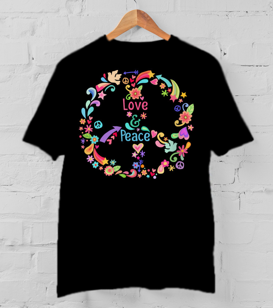 Love And Peace Hippie 60s 70s Floral T-Shirt