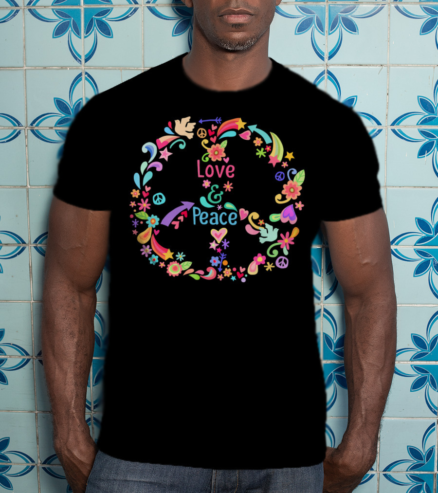 Love And Peace Hippie 60s 70s Floral T-Shirt