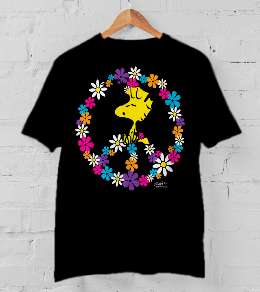 Peanuts Woodstock Surrounded By Peace Sign And Vibrant Floral T-Shirt