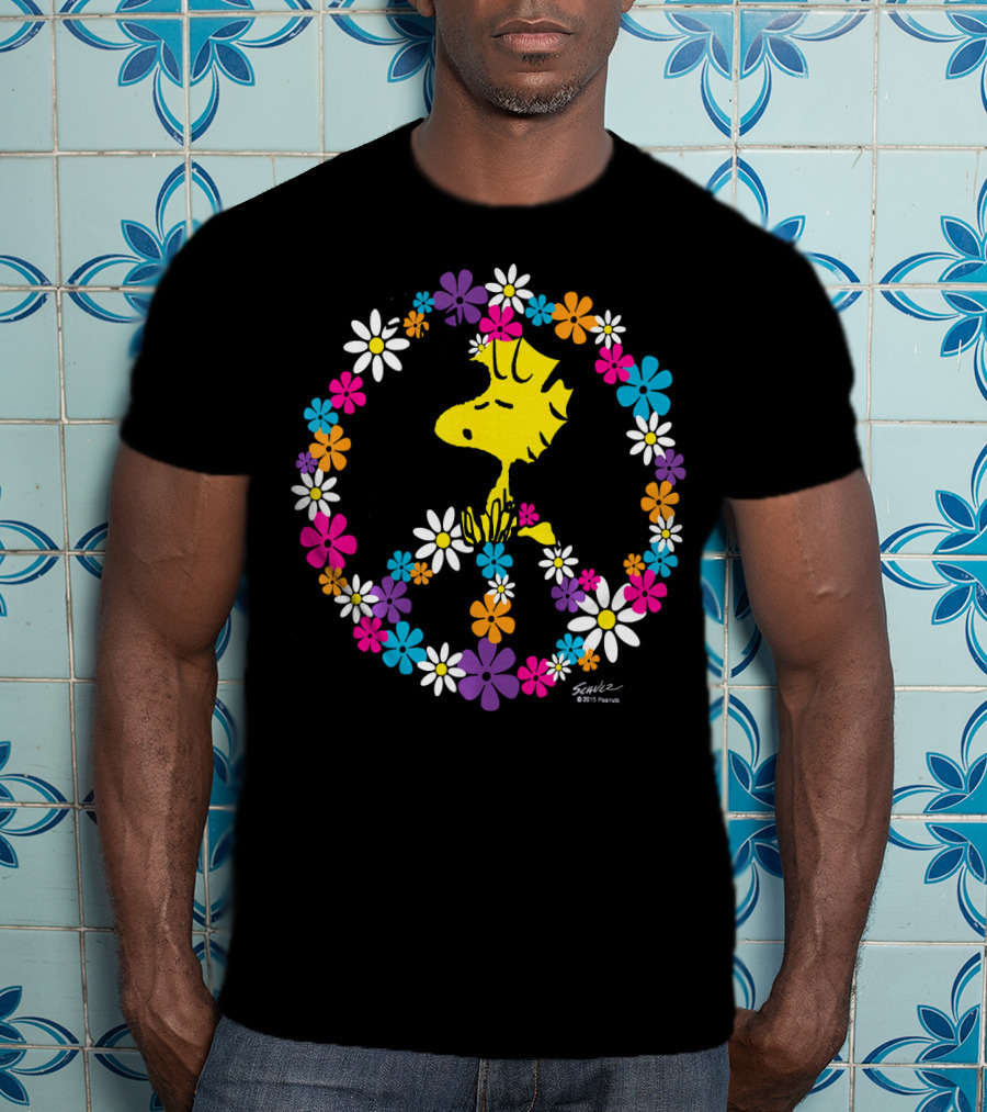 Peanuts Woodstock Surrounded By Peace Sign And Vibrant Floral T-Shirt