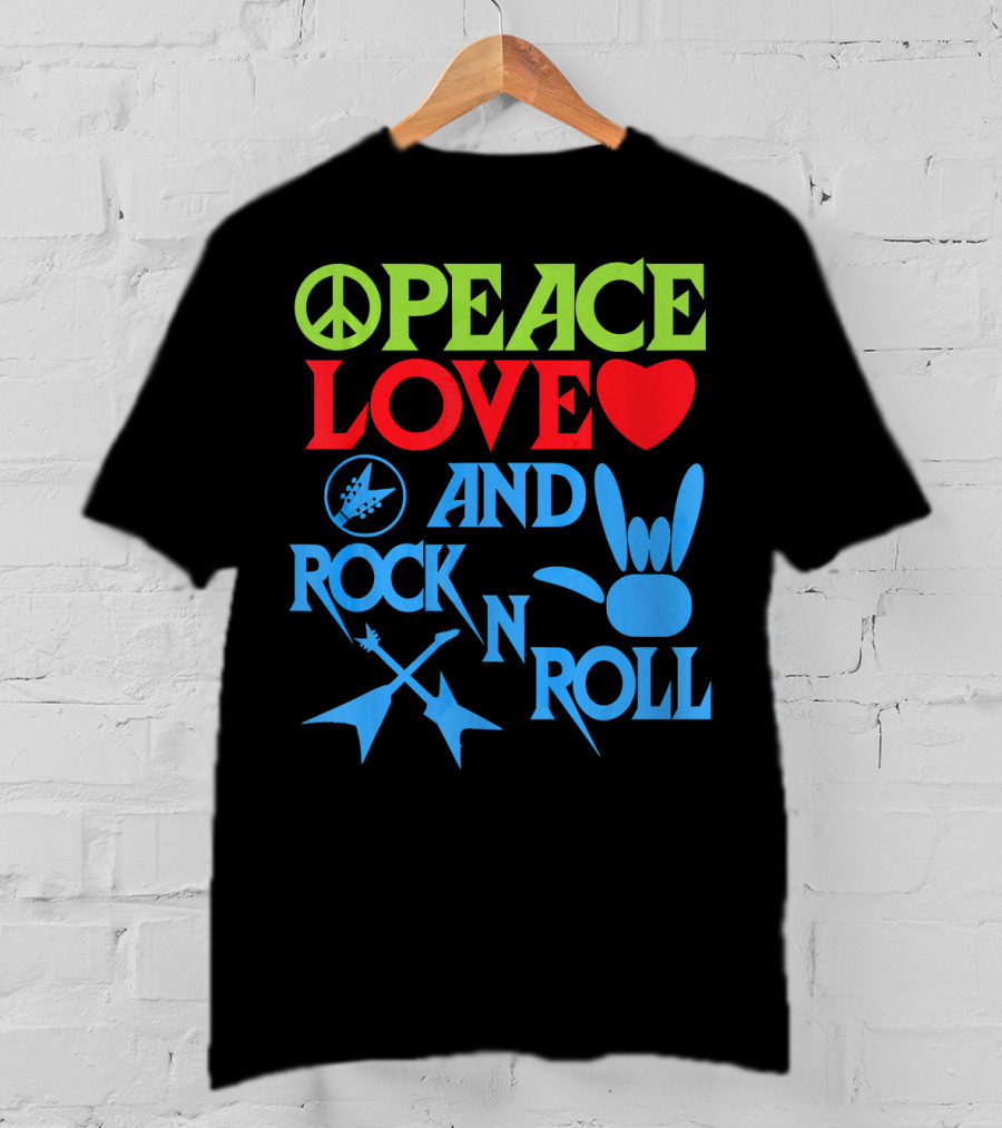 Peace Love Heart And Rock N Roll Peace Sign Guitar Hand Gesture T-Shirt