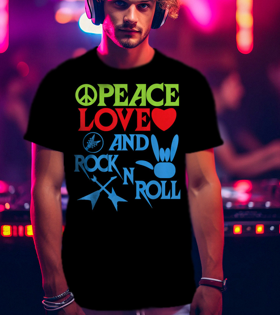 Peace Love Heart And Rock N Roll Peace Sign Guitar Hand Gesture T-Shirt