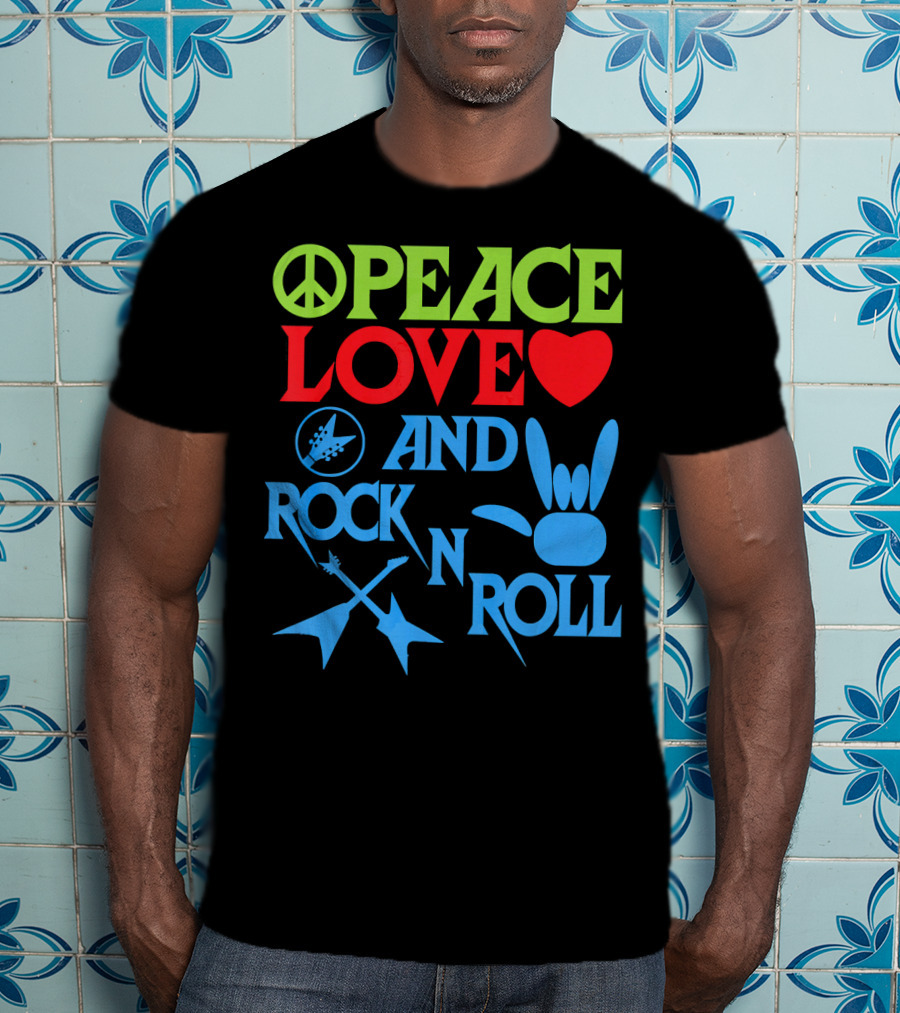 Peace Love Heart And Rock N Roll Peace Sign Guitar Hand Gesture T-Shirt