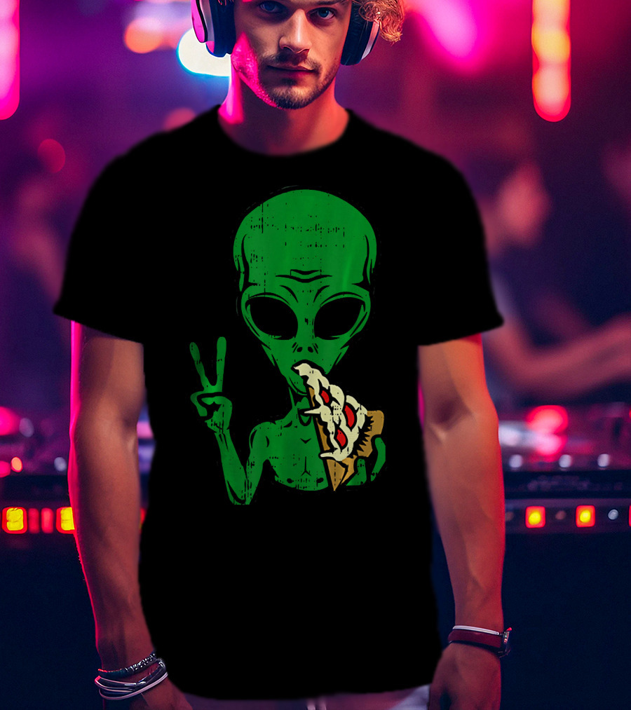 Alien Pizza Eating Peace Funny Space Are T-Shirt