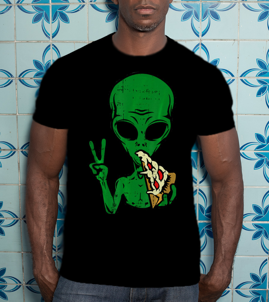 Alien Pizza Eating Peace Funny Space Are T-Shirt