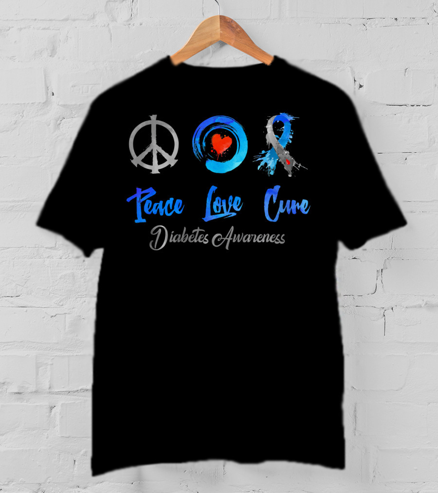 Peace Love Cure Diabetes Awareness Grey Blue T-Shirt