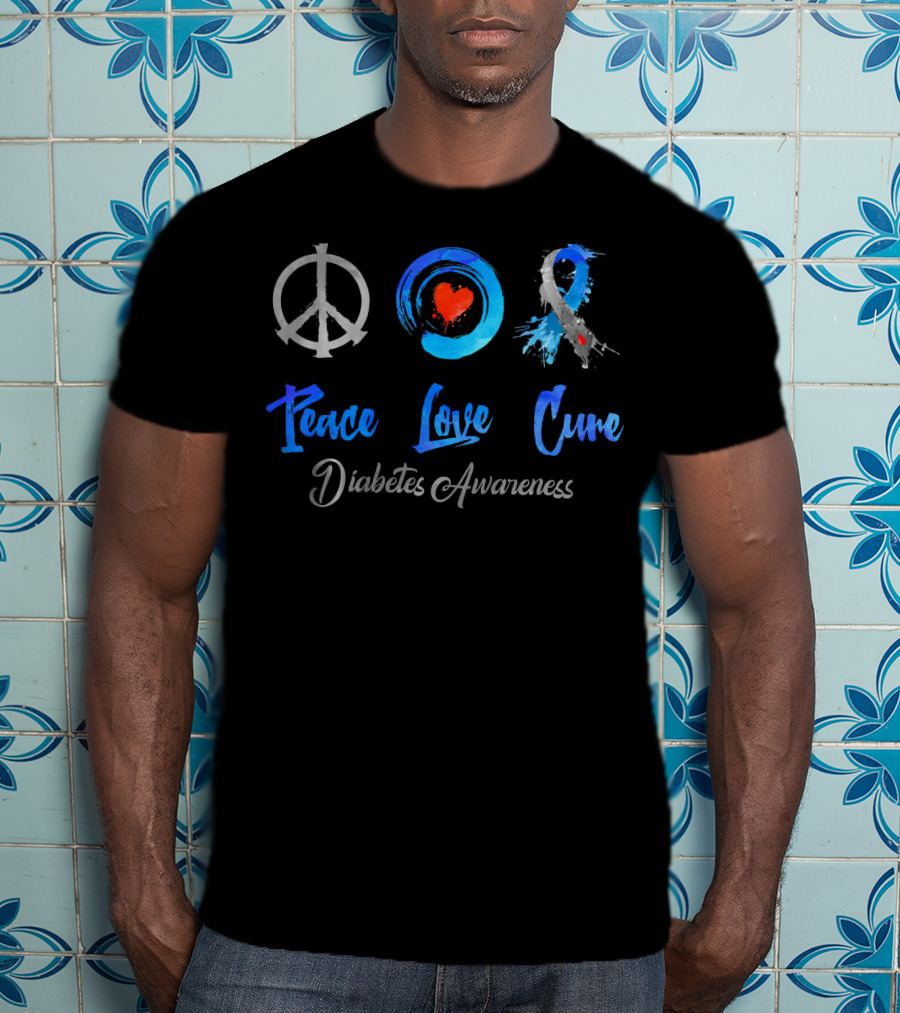 Peace Love Cure Diabetes Awareness Grey Blue T-Shirt