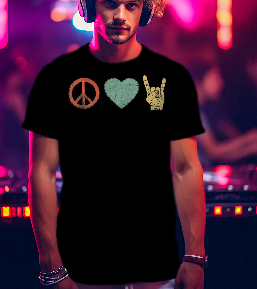 Peace Love Rock Gesture Retro Vintage Rock And Roll T-Shirt