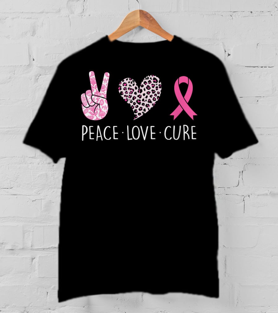 Peace Love Cure Pink Ribbon Heart Breast Cancer Awareness T-Shirt
