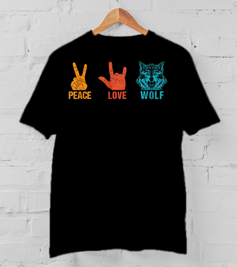 Peace Love Wolf Hand Signs Vintage Wolf Head T-Shirt