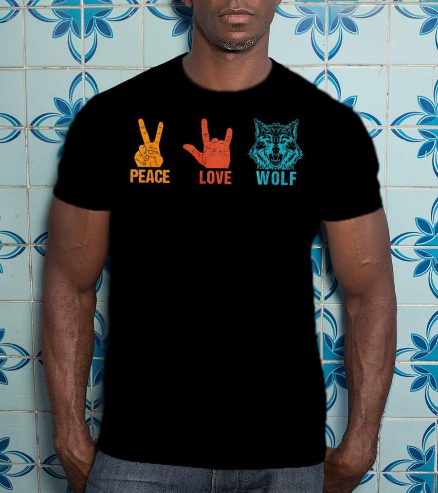 Peace Love Wolf Hand Signs Vintage Wolf Head T-Shirt