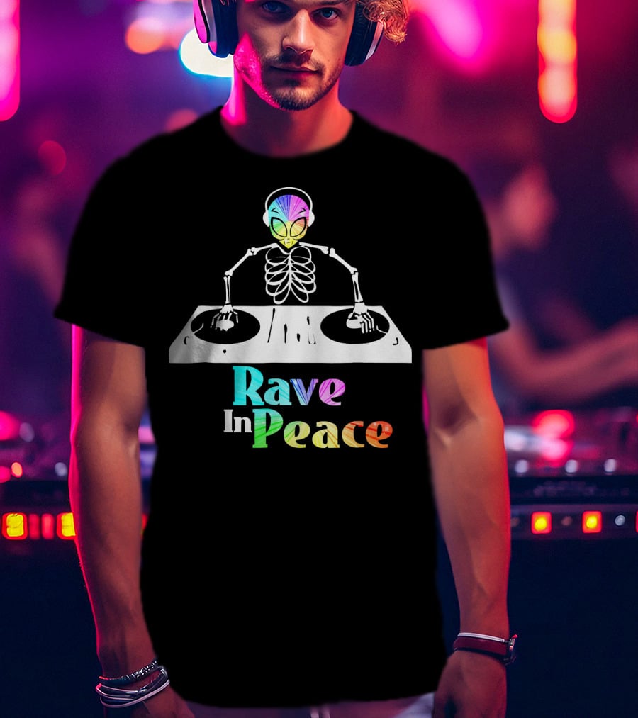 Rave In Peace Colorful DJ Alien Skeleton T-Shirt