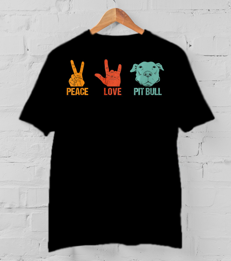 Peace Love Pit Bull Vintage Hand Signs Dog T-Shirt
