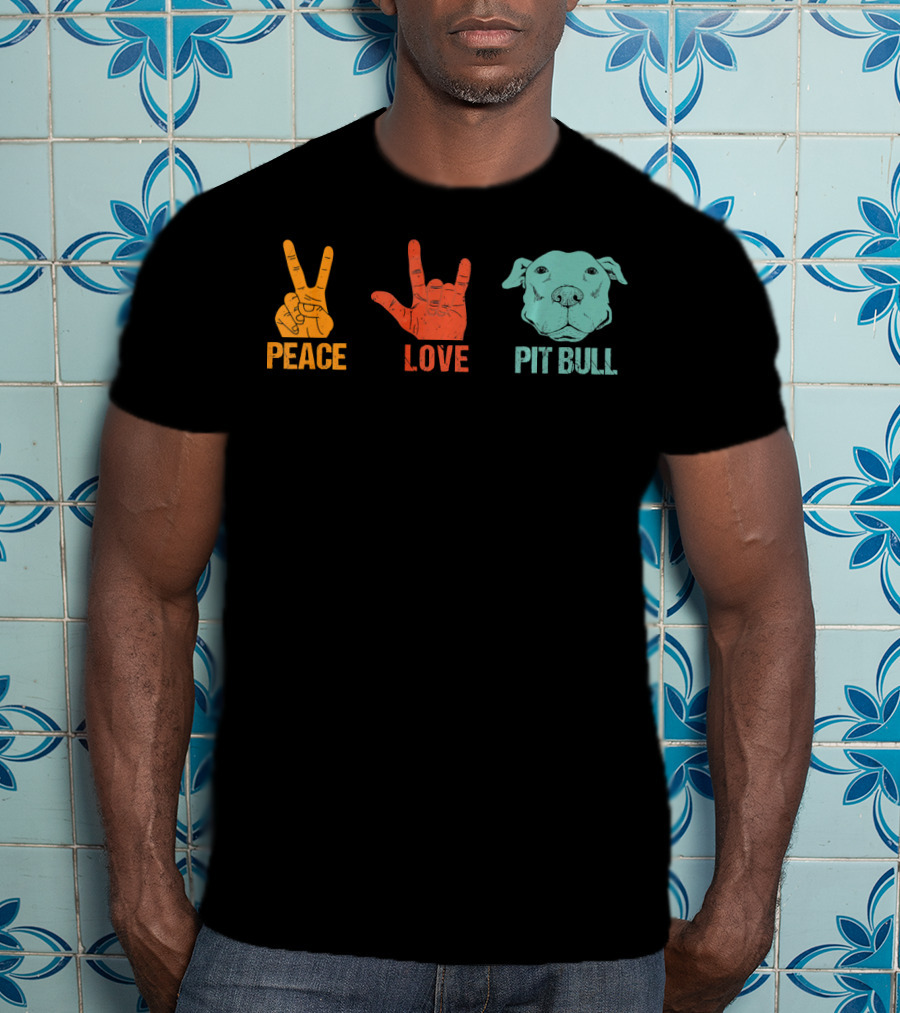 Peace Love Pit Bull Vintage Hand Signs Dog T-Shirt