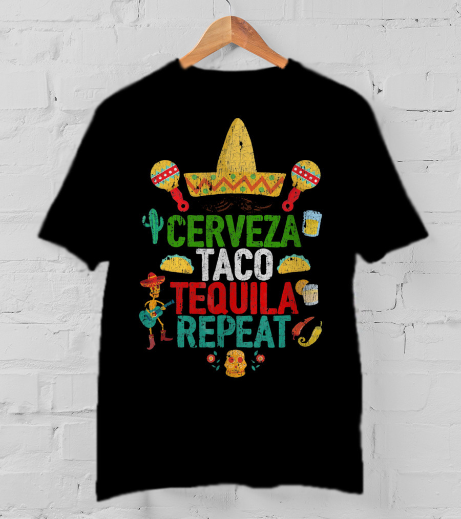 Cinco De Mayo Sombrero Cerveza Taco Tequila Repeat Party T-Shirt