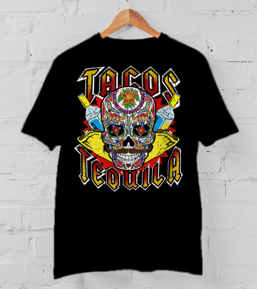 Tacos Tequila Sugar Skull Vintage Mexican T-Shirt