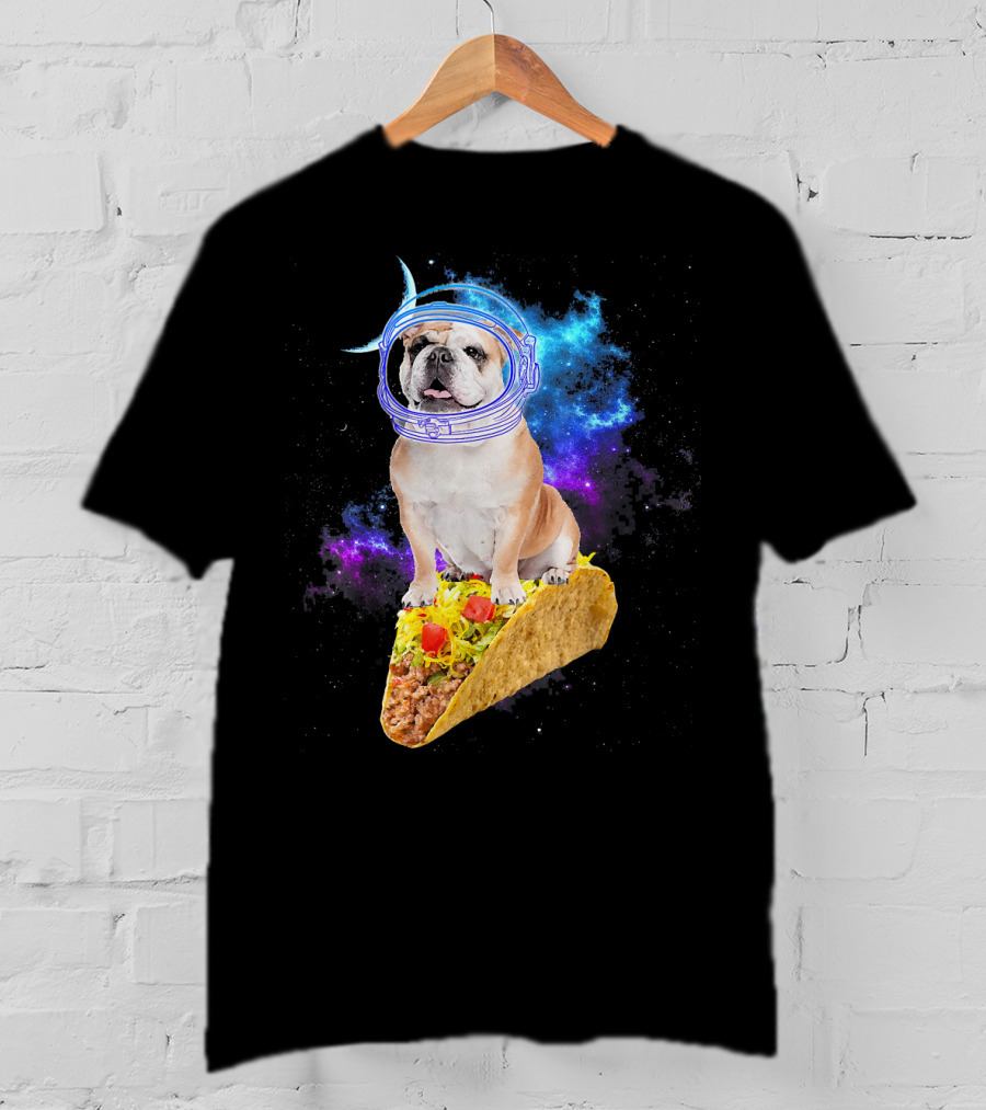 Space English Bulldog Astronaut Riding Taco In Galaxy T-Shirt
