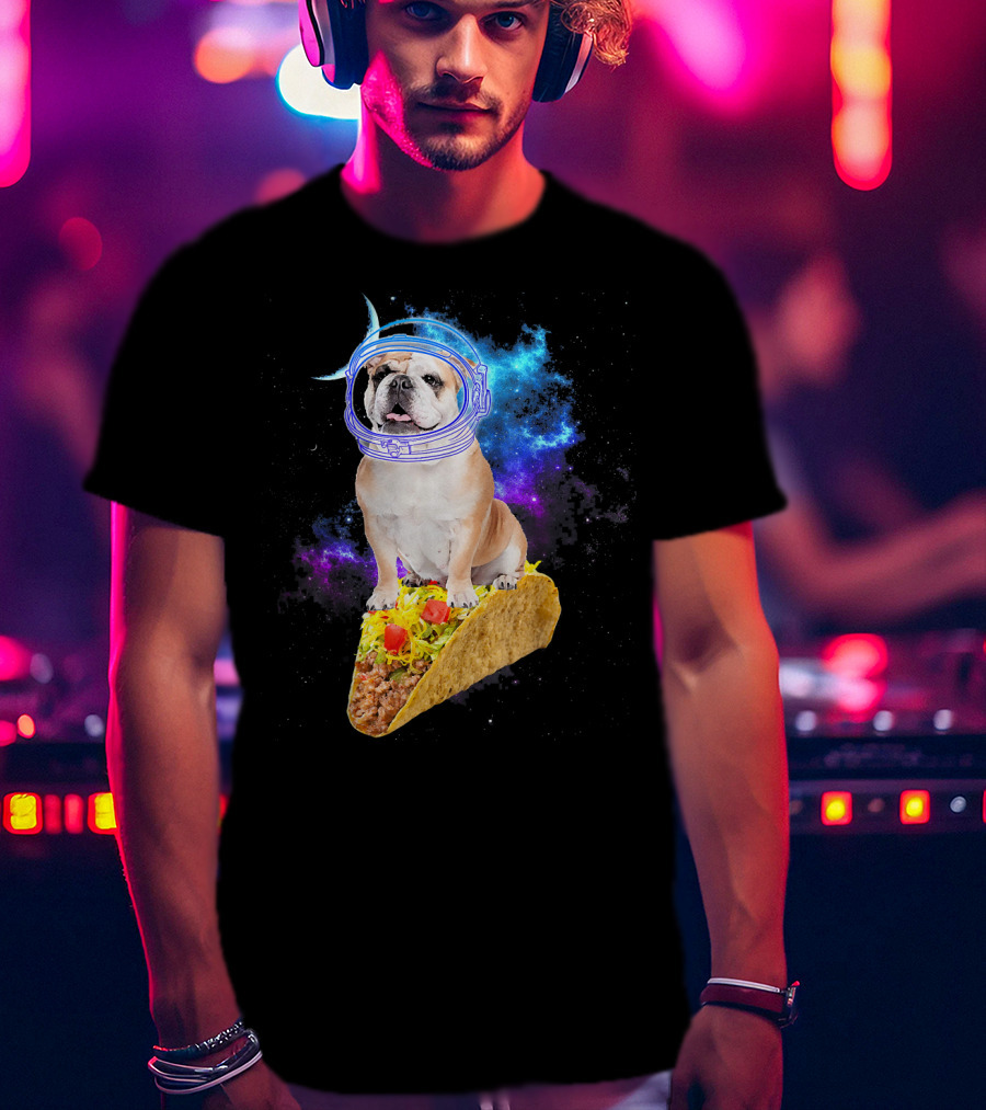 Space English Bulldog Astronaut Riding Taco In Galaxy T-Shirt