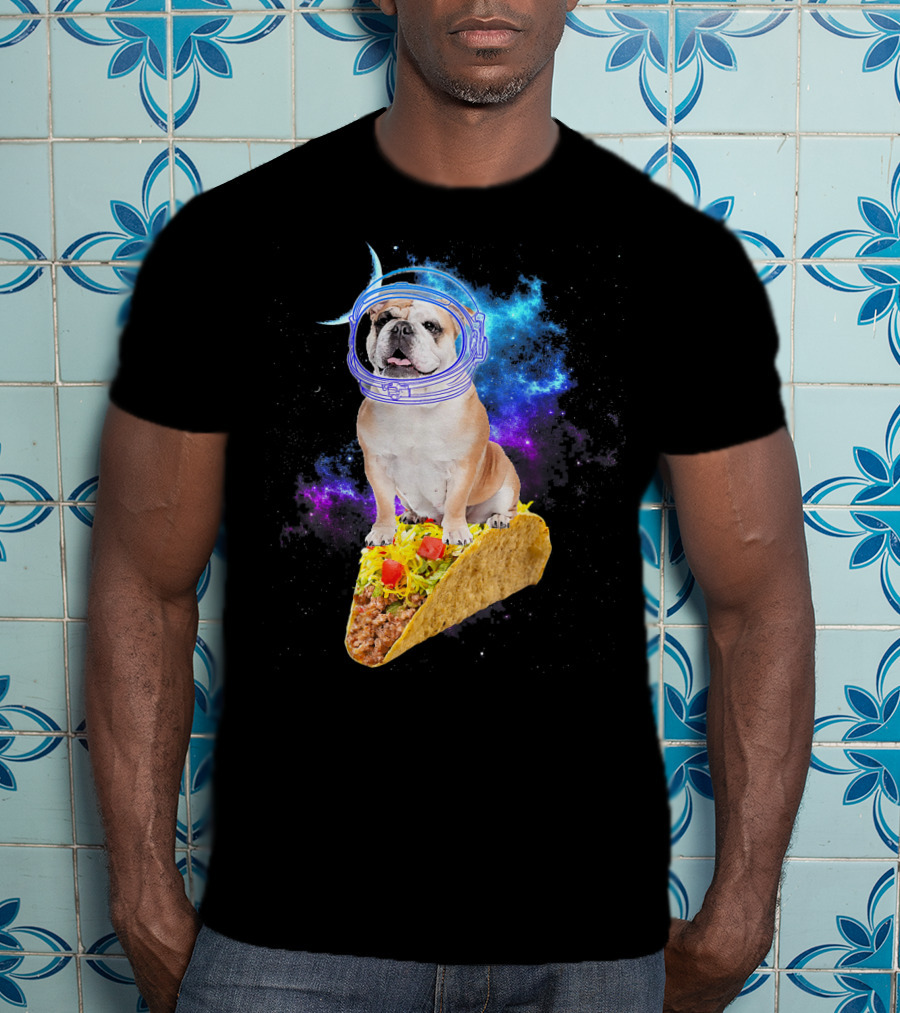 Space English Bulldog Astronaut Riding Taco In Galaxy T-Shirt