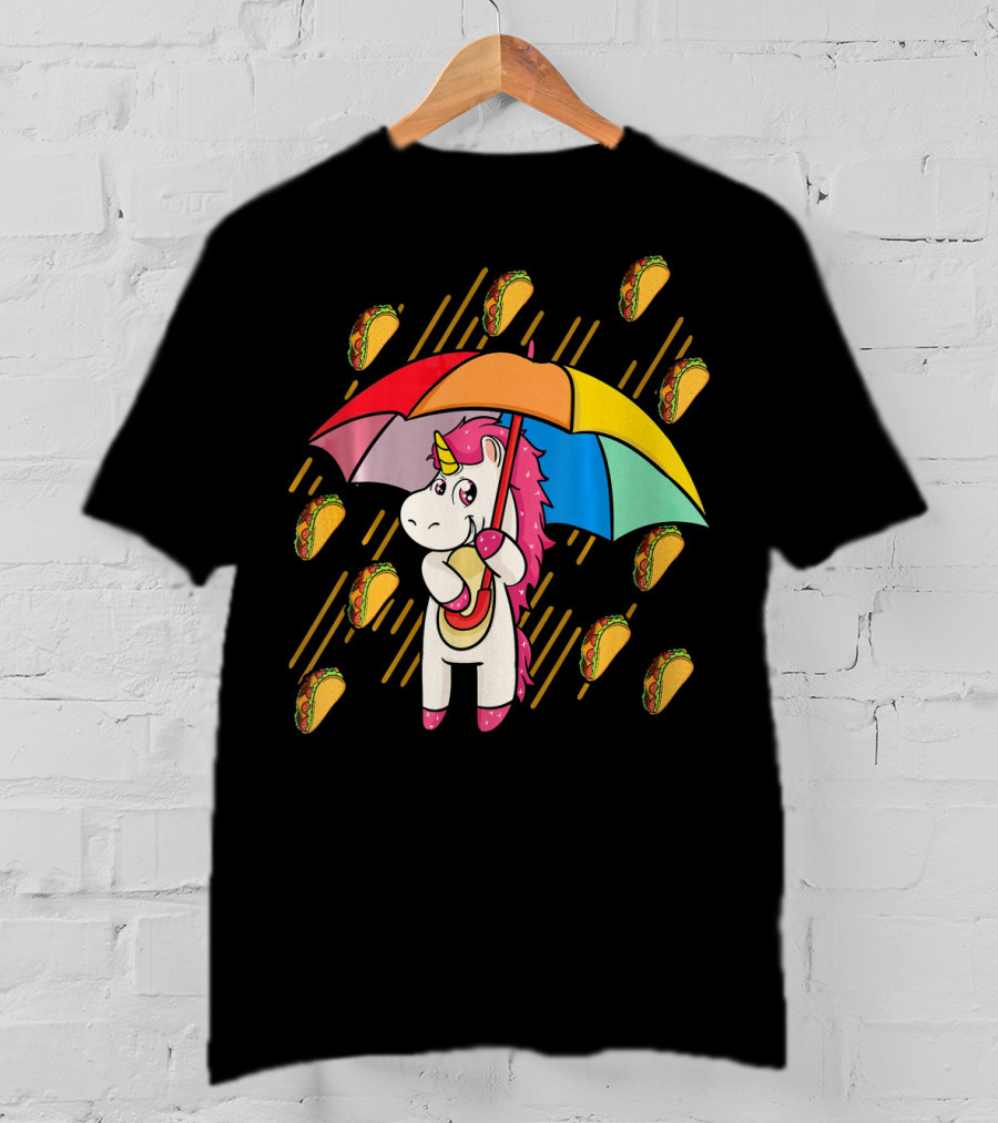 Raining Tacos Unicorn With Rainbow Umbrella T-Shirt