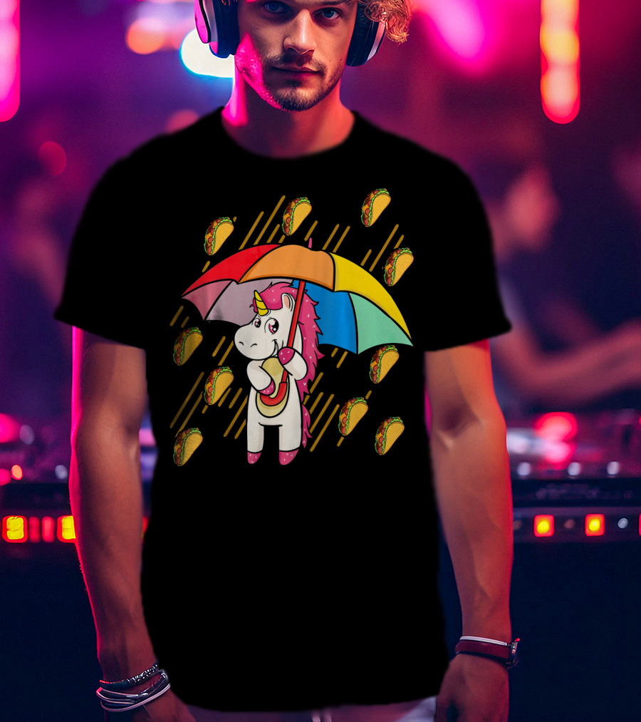 Raining Tacos Unicorn With Rainbow Umbrella T-Shirt