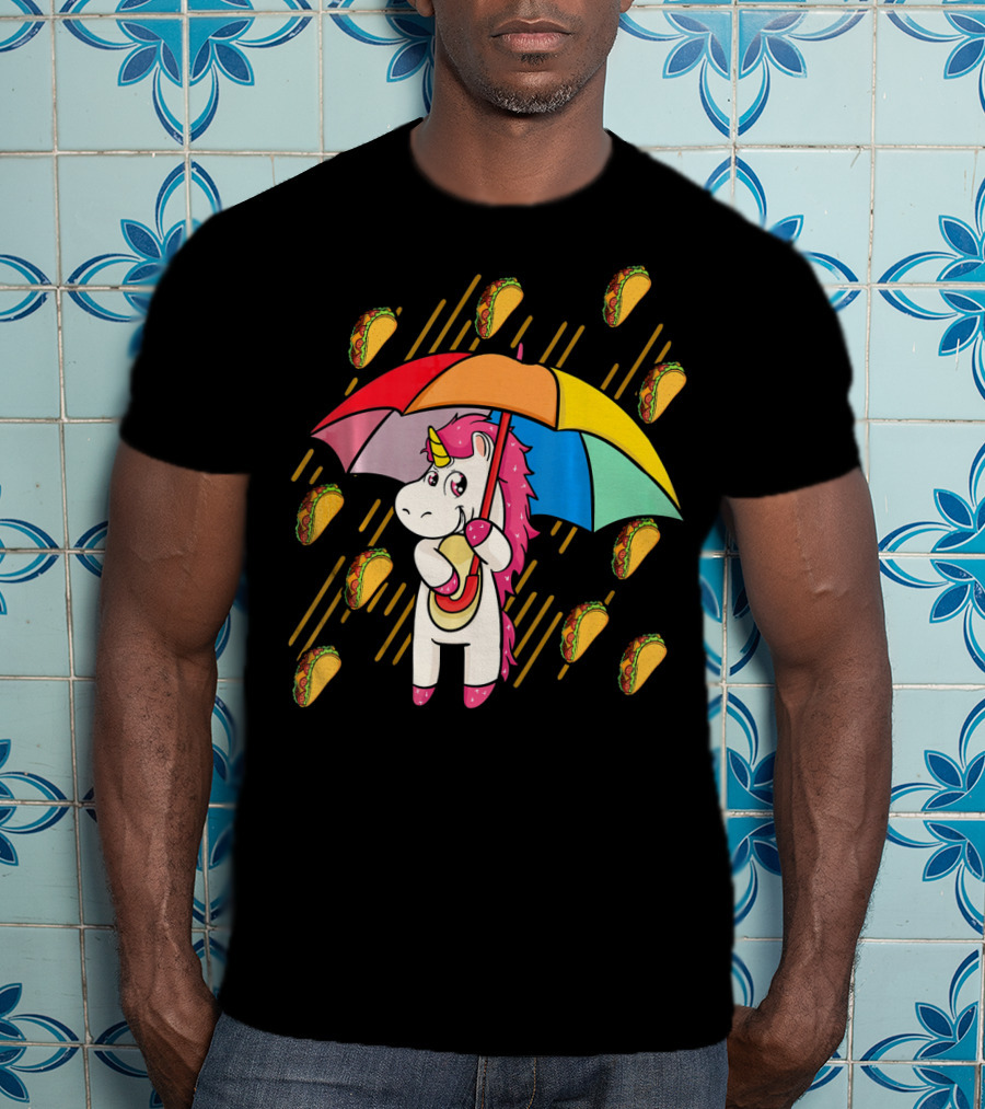 Raining Tacos Unicorn With Rainbow Umbrella T-Shirt