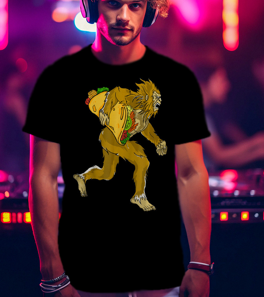 Bigfoot Running With Giant Taco In Hand For Exercise Scene T-Shirt
